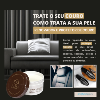 Creme reparador de couro e sofá de couro cinzento com texto promocional