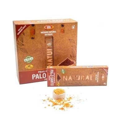 Embalagem e caixa de incenso natural em pó Palo Santo com pequeno recipiente de pó amarelo.