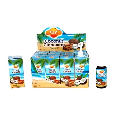 Óleos aromáticos SAC Coco Canela em caixa de exposição azul com ilustrações de coco e canela