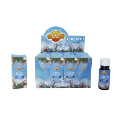 Frascos pequenos de óleo perfumado de côco SAC em caixa azul com imagem de côcos e folhas