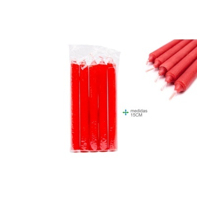 Seis velas vermelhas de 15 cm embaladas em plástico transparente