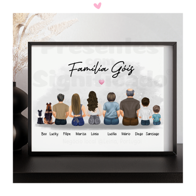 Quadro decorativo da Família Gois com personagens sentados e nomes