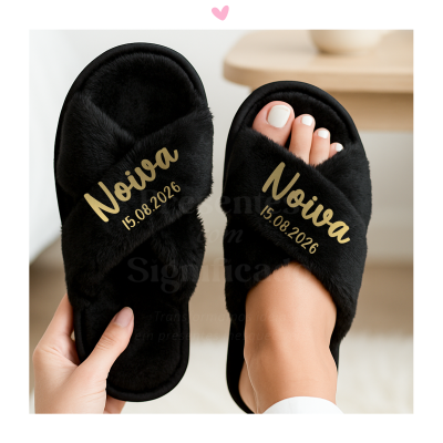 Chinelos de mulher c/ pêlo personalizados - preto