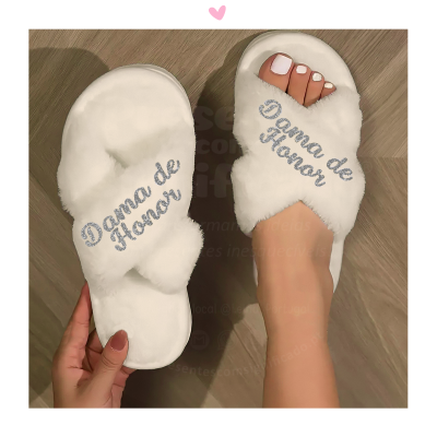 Chinelos de mulher c/ pêlo personalizados - branco