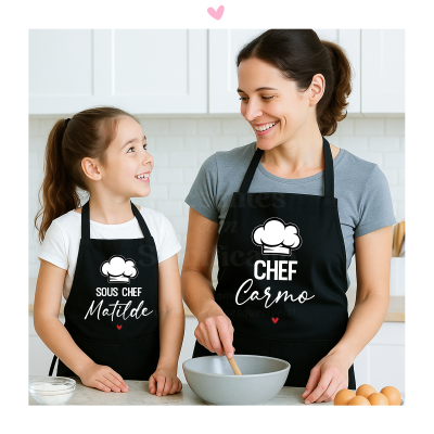 Conjunto de aventais (adulto e criança) personalizados - Chef e Sous Chef