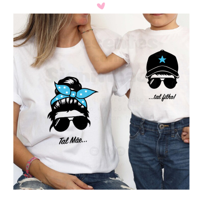 T-shirts brancas com ilustrações e textos 'Tal Mãe...' e '...tal filho!'