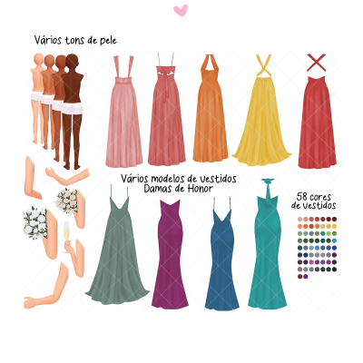 Diferentes tons de pele, vários modelos de vestidos para damas de honra e uma paleta com 58 cores