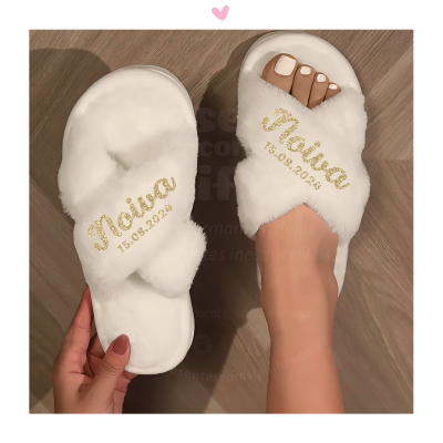 Chinelos de mulher c/ pêlo personalizados - branco