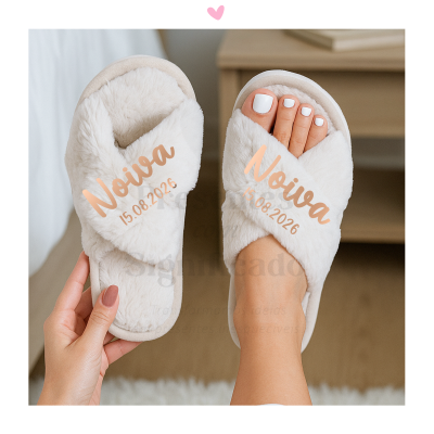 Chinelos de mulher c/ pêlo personalizados - caqui