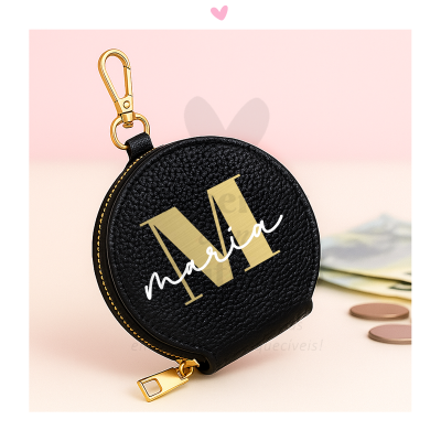 Porta-moedas preto em pele sintética personalizado