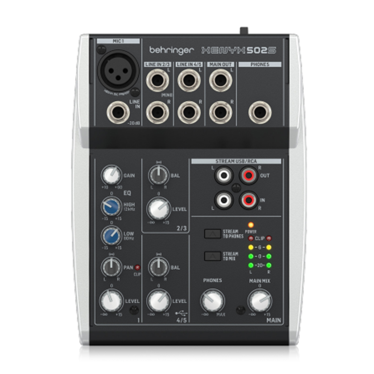 Behringer XENYX 502S Premium Analog 5-Channel Mixer with USB Streaming Interface Mesa de mistura Behringer XENYX 502 com várias entradas e botões de controlo
