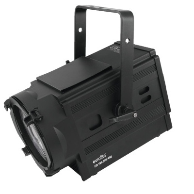 Refletor de luz preto com alça e lente circular em fundo branco