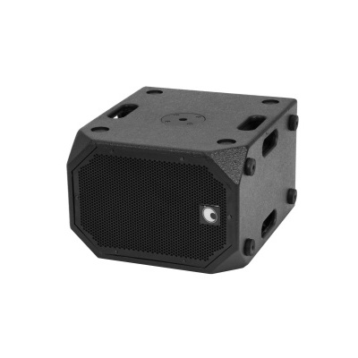 Coluna de som preta quadrada com grelha perfurada e logótipo branco