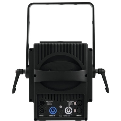 Refletor LED profissional preto com conectores e estrutura metálica.