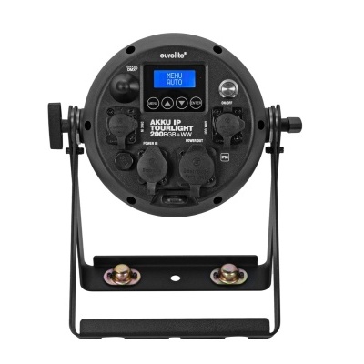 Luz técnica redonda preta com tela digital azul e suporte metálico preto