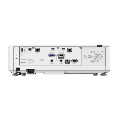 Parte traseira de projetor branco com várias portas e botões