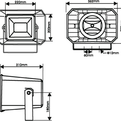 Desenho técnico de um projetor com dimensões em milímetros