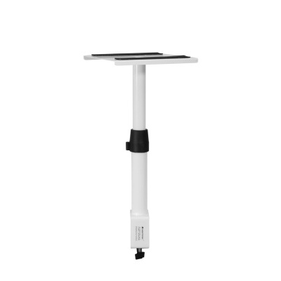 Suporte telescópico branco com superfície superior preta sobre fundo branco