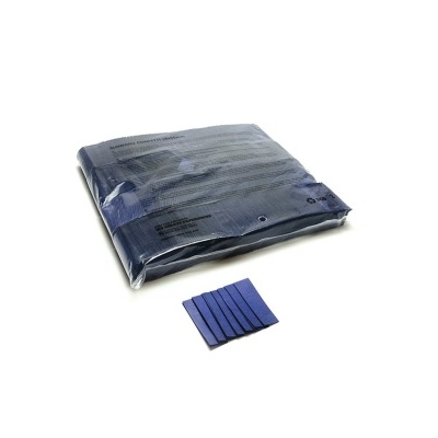 Toalha azul escura embalada em plástico com pedaços pequenos azuis na frente