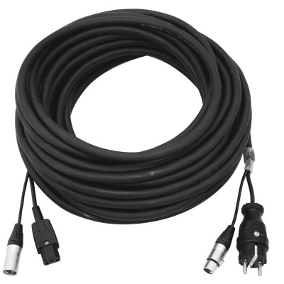 Cabo elétrico preto com conectores XLR e plugue de alimentação negro