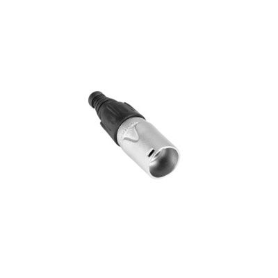 Conector XLR metálico e preto em fundo branco