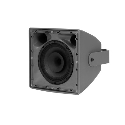 Coluna de som cinza escuro com estrutura quadrada e suportes laterais