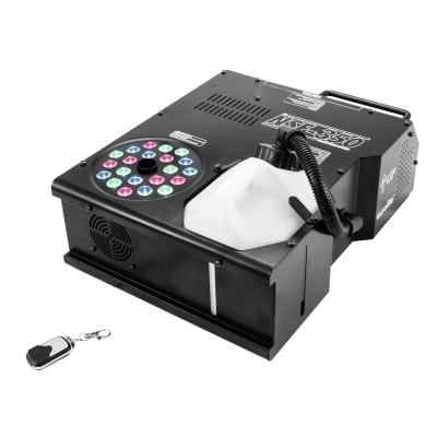 Máquina de fumo preta com painel de botões coloridos e depósito branco