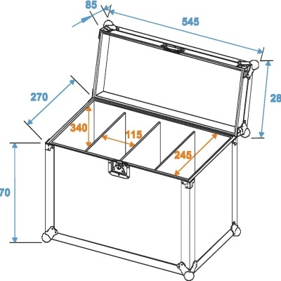 Desenho técnico de baú com medidas e divisórias internas.