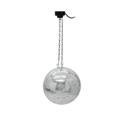 Bola de discoteca pendente com faces espelhadas e corrente preta