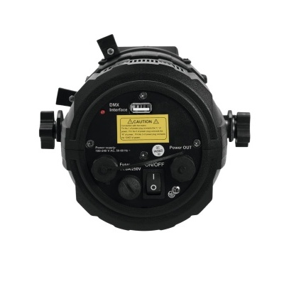 Luz profissional redonda preta com botões e etiquetas de aviso