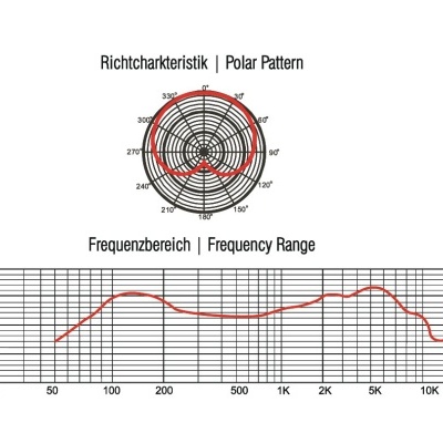 Gráficos técnicos de padrão polar e resposta de frequência para equipamento de áudio