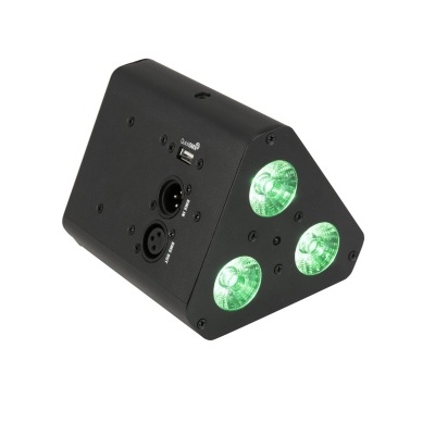 Dispositivo eletrónico triangular preto com luzes verdes e entradas XLR