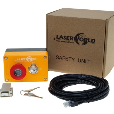 Unidade de segurança amarela LASERWORLD com cabo, chaves e caixa