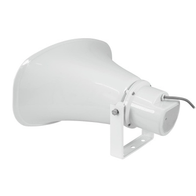 Coluna de som tipo megafone branca com suporte e ficha elétrica