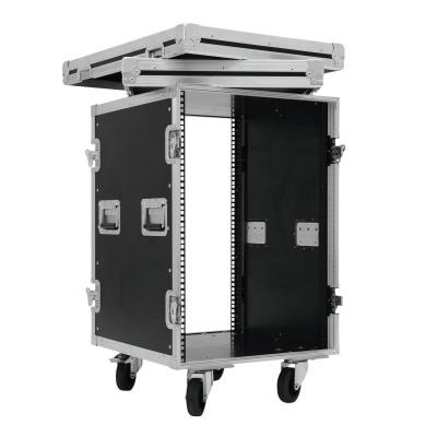 Mala de transporte preta com tampa destacada e rodízios