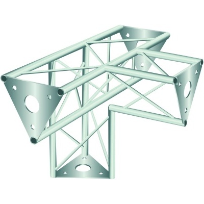 Estrutura metálica cinza claro em forma de tripé com tubos e placas triangulares.