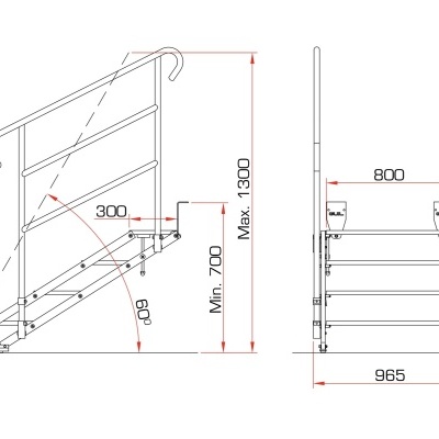 Desenho técnico de escada com corrimão lateral e medidas em milímetros