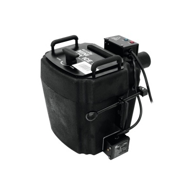 Dispositivo preto com alças, etiquetas e cabos em fundo branco