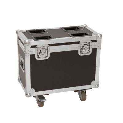 Caixa de transporte preta com estrutura metálica e rodas em fundo branco