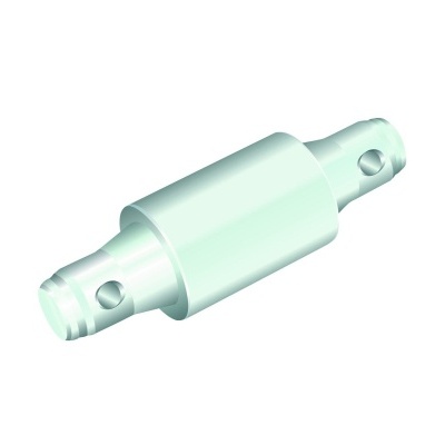 Conector metálico cilíndrico prateado com orifícios nas extremidades