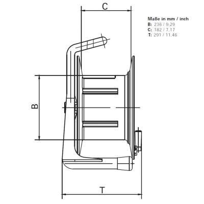 Desenho técnico de carretel com medidas em mm e polegadas
