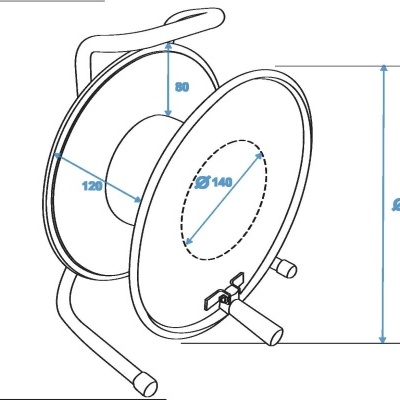 Desenho técnico de carreto de mangueira com medidas e estrutura metálica