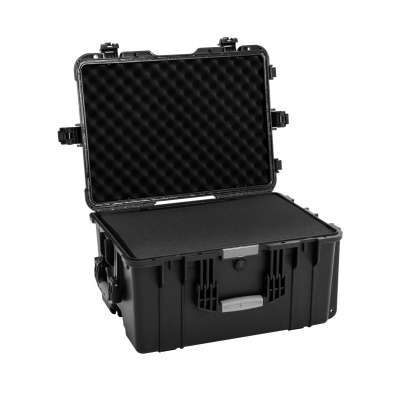 Mala de transporte preta rígida aberta com interior em espuma