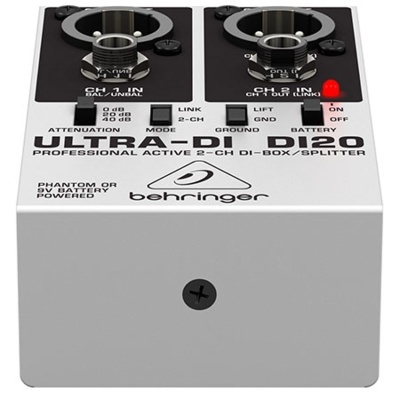 DI-Box/Splitter ativo profissional Behringer Ultra-DI D20 branco com botões e conectores pretos