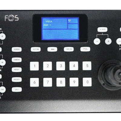 Painel de controlo preto FOS com ecrã digital e botões brancos.