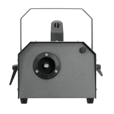 Máquina de fumo cinza escuro com suporte metálico e lente frontal circular