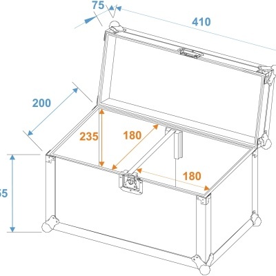 Mala ou baú aberto com medidas técnicas em milímetros