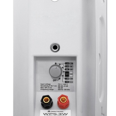 Coluna de som branca Omnitronic WPS-3V com seletor rotativo e conectores de áudio