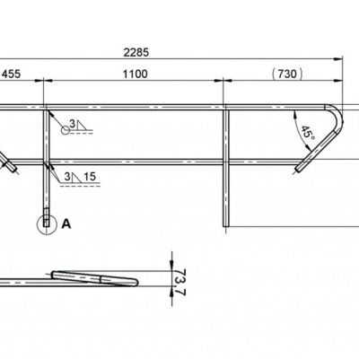 Desenho técnico de corrimão metálico com medidas em milímetros