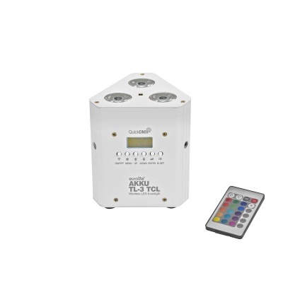 Dispositivo eletrônico branco triangular com três ventiladores e controlo remoto colorido